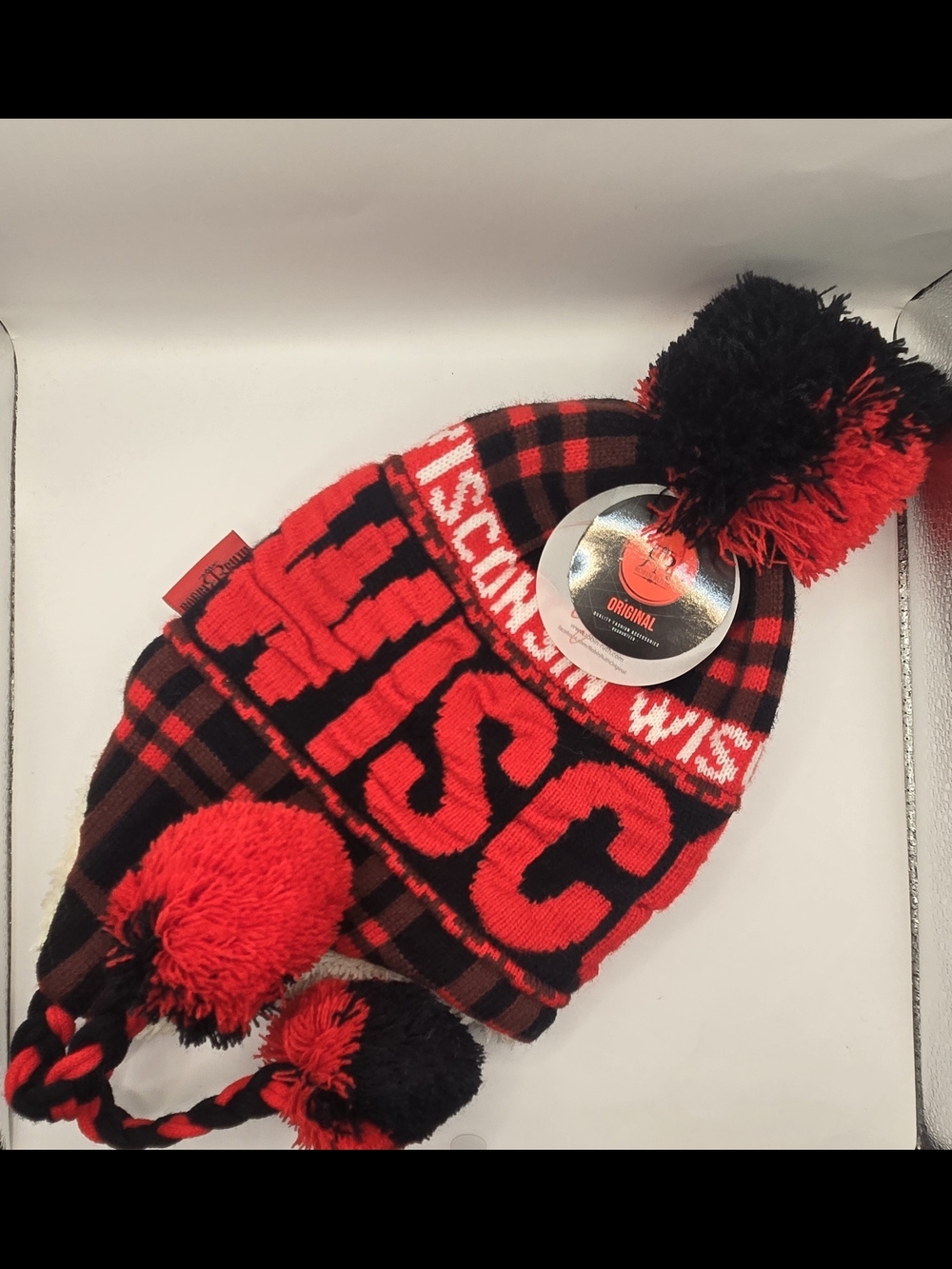 NWT: Robin Ruth Wisconsin Trapper Hat Red Black Plaid Pom Ear Flap Sherpa Lined.
